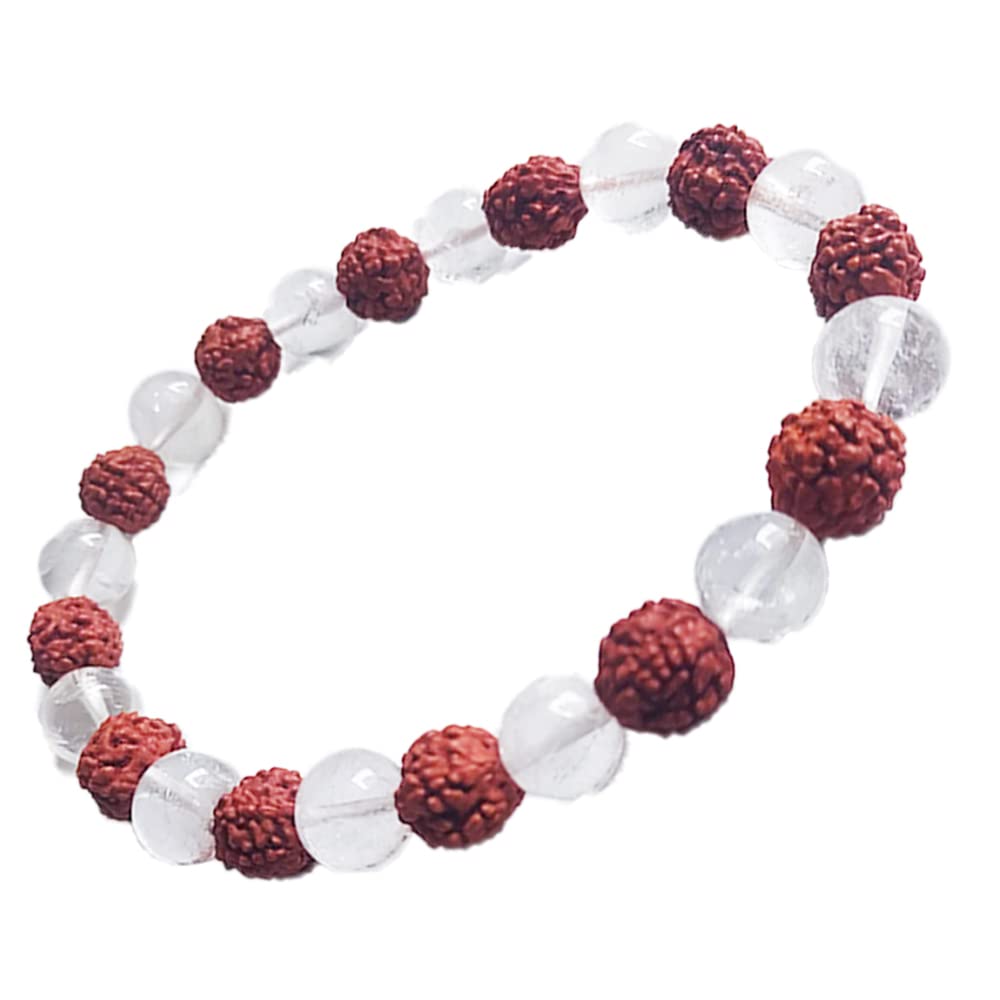KITREE NATURAL CLEAR QUARTZ AND RUDRAKSHA BRACELET 8MM ROUND FOR UNISEX (COLOR WHITE AND BROWN)