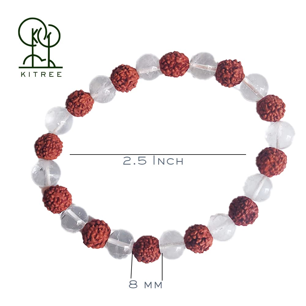 KITREE NATURAL CLEAR QUARTZ AND RUDRAKSHA BRACELET 8MM ROUND FOR UNISEX (COLOR WHITE AND BROWN)