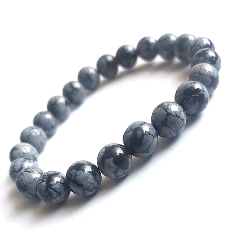KITREE NATURAL SNOWFLAKES OBSIDIAN CRYSTAL BRACELET 8MM ROUND FOR UNISEX (COLOR GREY & BLACK)