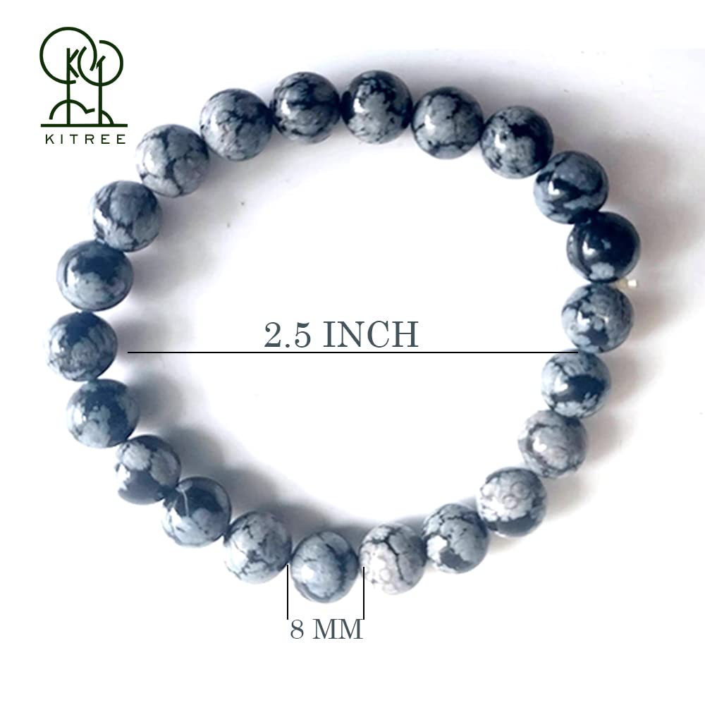 KITREE NATURAL SNOWFLAKES OBSIDIAN CRYSTAL BRACELET 8MM ROUND FOR UNISEX (COLOR GREY & BLACK)