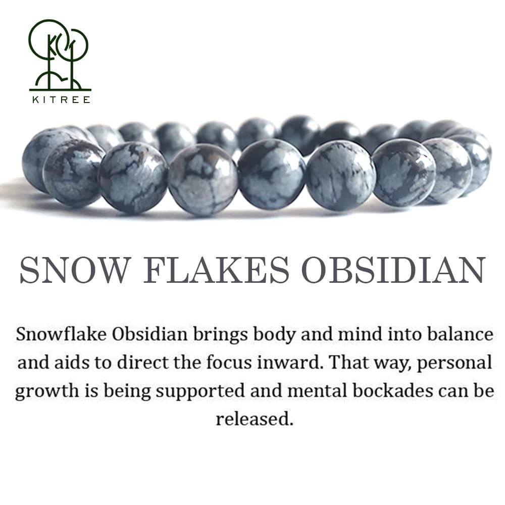 KITREE NATURAL SNOWFLAKES OBSIDIAN CRYSTAL BRACELET 8MM ROUND FOR UNISEX (COLOR GREY & BLACK)