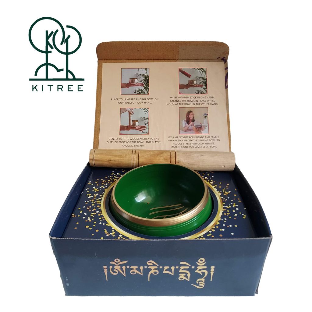 KITREE Tibetan Bowl | Singing Bowl | Himalayan bowl | Meditation instrument with Wooden Stick (Size 4 inch approx) (GREEN)