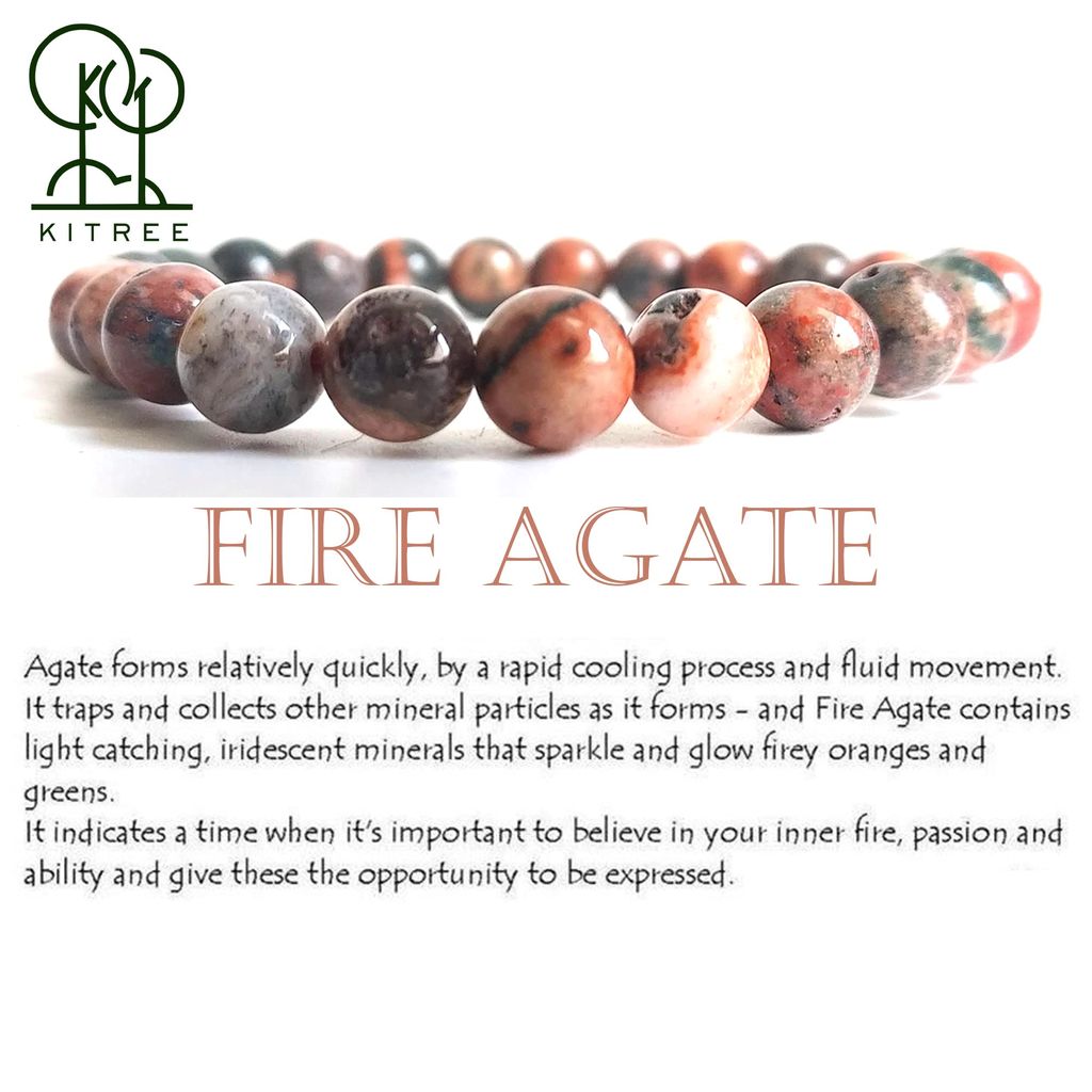 KITREE NATURAL FIRE AGATE CRYSTAL REIKI HEALING FENG -SHUI BRACELET 8MM ROUND FOR MENS AND WOMENS (COLOR RED)