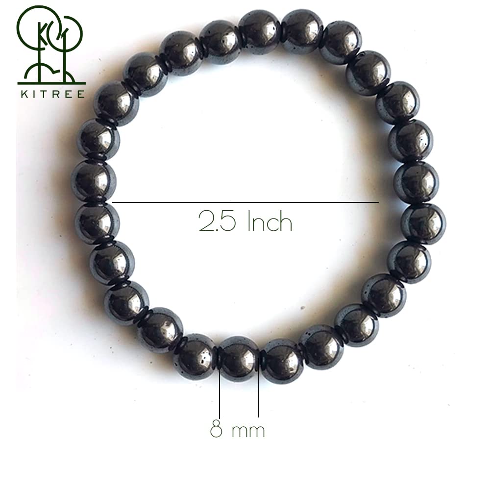 KITREE NATURAL HEMATITE CRYSTAL REIKI HEALING FENG -SHUI BRACELET 8MM FOR MENS AND WOMENS (COLOR DARK GREY)