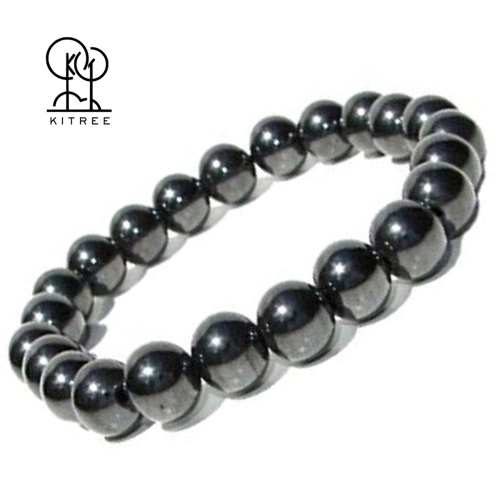 KITREE NATURAL HEMATITE CRYSTAL REIKI HEALING FENG -SHUI BRACELET 8MM FOR MENS AND WOMENS (COLOR DARK GREY)