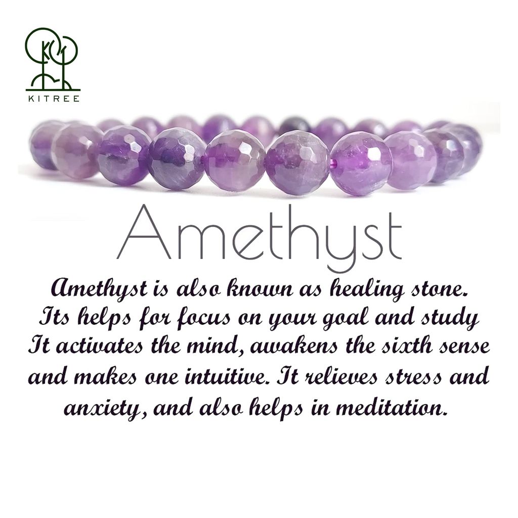 KITREE NATURAL AMETHYST CRYSTAL BRACELET 8MM ROUND SHAPE FOR UNISEX (COLOR PURPLE)