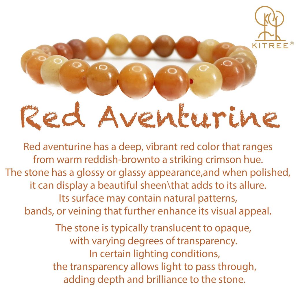 KITREE NATURAL RED AVENTURINE CRYSTAL BRACELET 8MM ROUND FOR UNISEX (COLOR RED)
