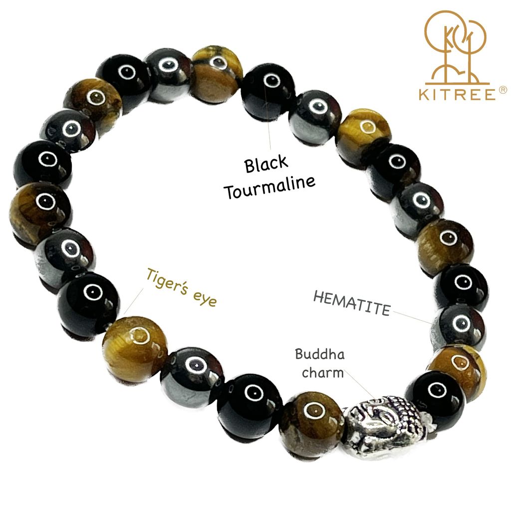KITREE PROTECTION CRYSTAL BRACELET 8MM ROUND WITH BUDDHA CHARMS FOR UNISEX (STONE - TIGER'S EYE, BLACK TOURMALINE, HEMATITE) (MULTI COLOR)