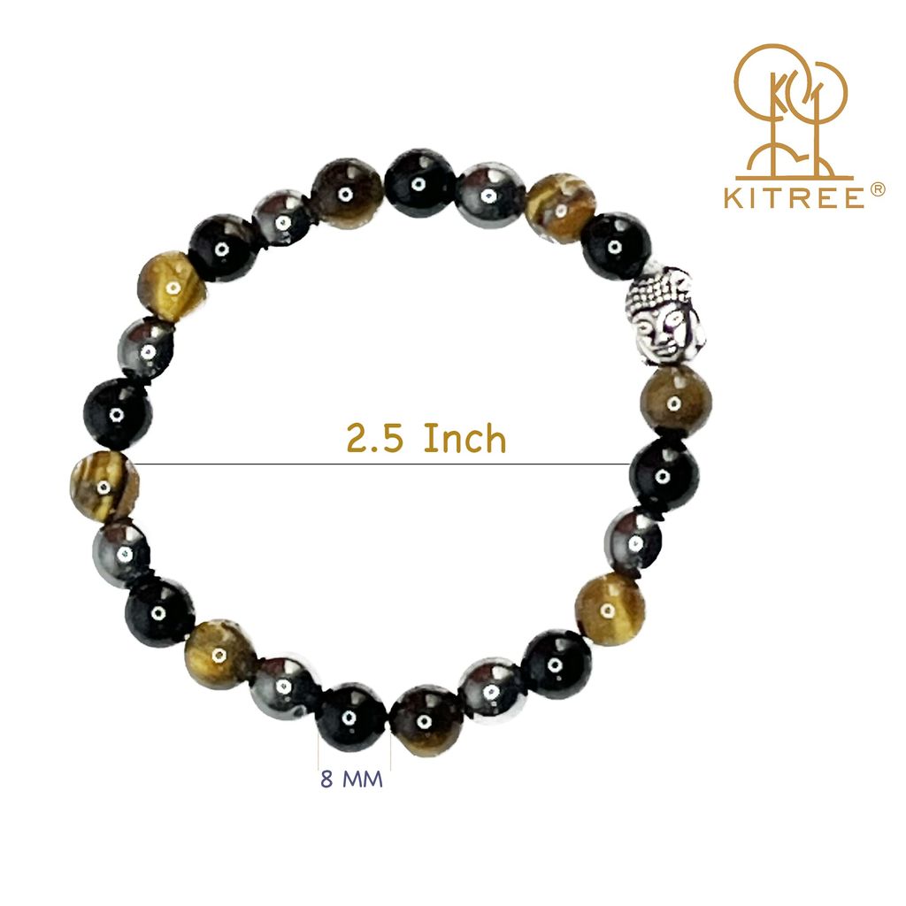 KITREE PROTECTION CRYSTAL BRACELET 8MM ROUND WITH BUDDHA CHARMS FOR UNISEX (STONE - TIGER'S EYE, BLACK TOURMALINE, HEMATITE) (MULTI COLOR)
