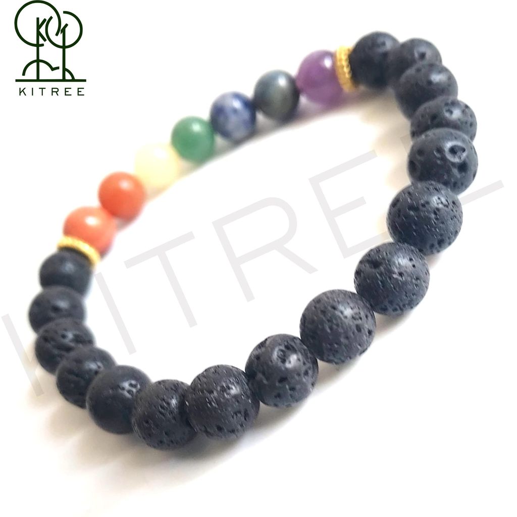 KITREE NATURAL LAVA WITH SEVEN CHAKRAS CRYSTAL BRACELETS 8MM ROUND FOR UNISEX (MULTI COLOR)