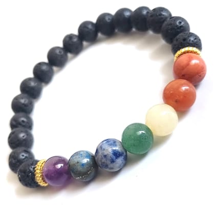 KITREE NATURAL LAVA WITH SEVEN CHAKRAS CRYSTAL BRACELETS 8MM ROUND FOR UNISEX (MULTI COLOR)