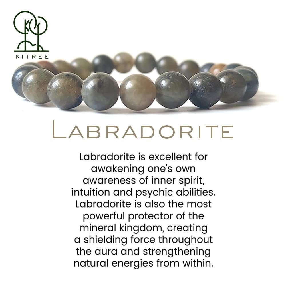 KITREE NATURAL LABRADORITE CRYSTAL BRACELET 8MM ROUND FOR MENS AND WOMENS (COLOR GREY)