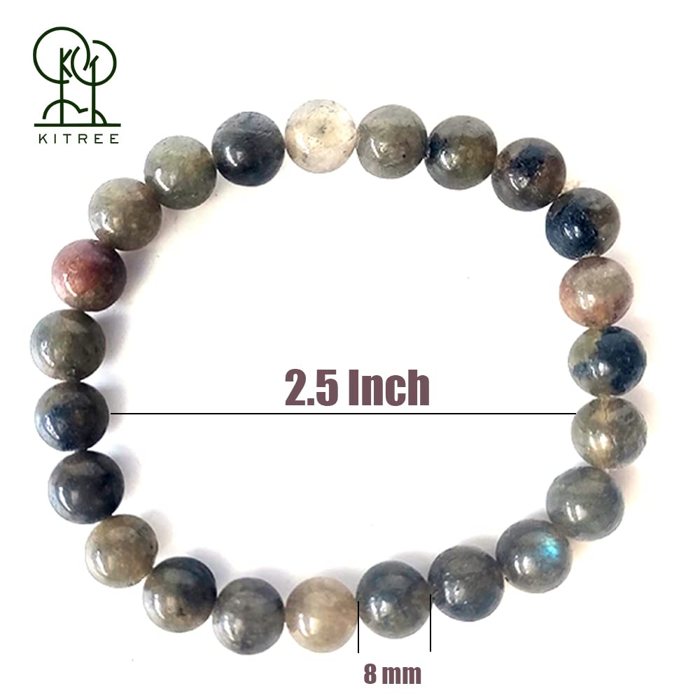 KITREE NATURAL LABRADORITE CRYSTAL BRACELET 8MM ROUND FOR MENS AND WOMENS (COLOR GREY)