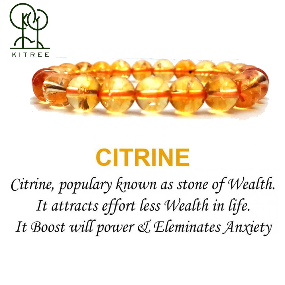 KITREE NATURAL CITRINE CRYSTAL REIKI HEALING FENG -SHUI BRACELET 8MM ROUND FOR MENS AND WOMENS (COLOR YELLOW)