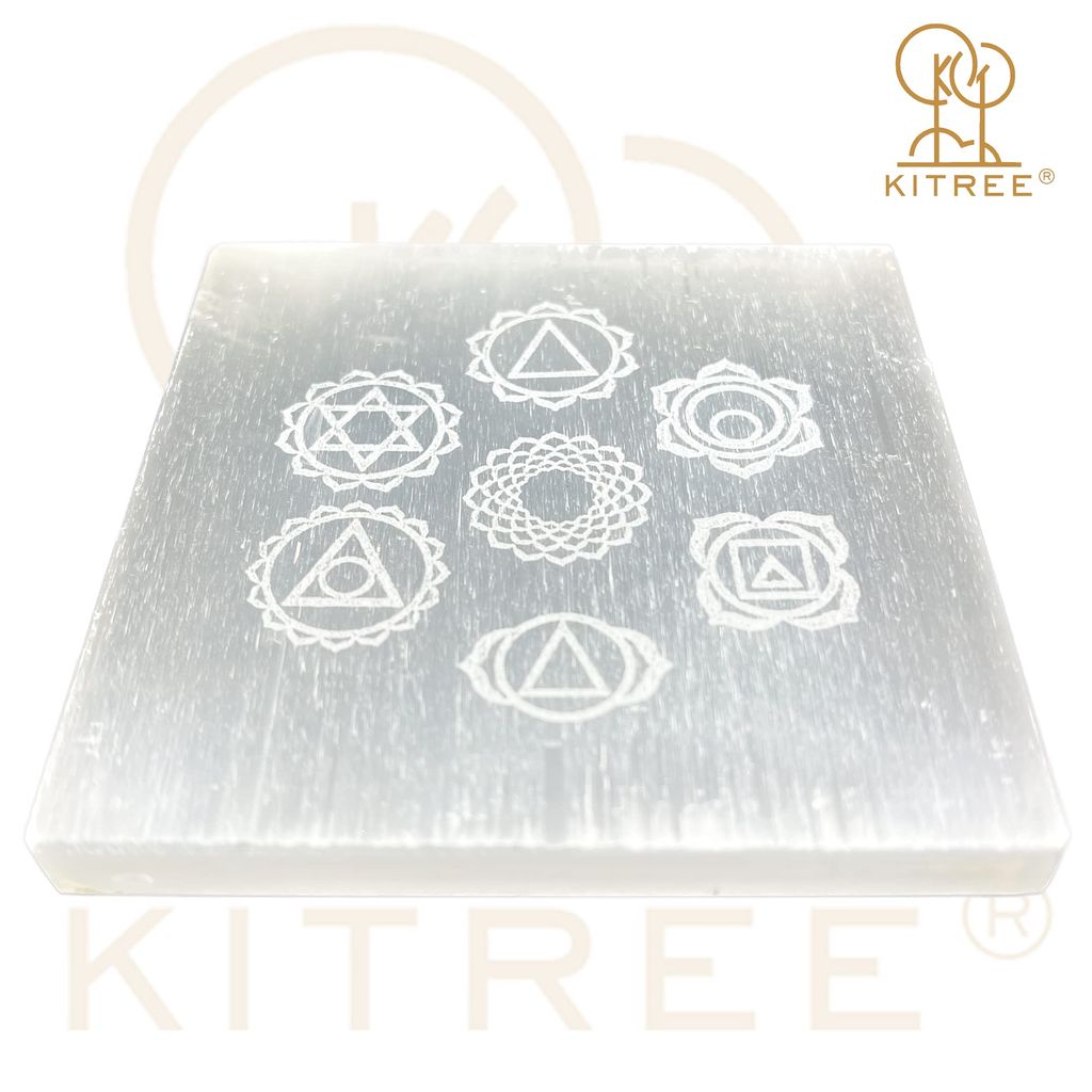 KITREE Natural Selenite Charging Engraved Symbol Squares Plate for Reiki Healing and Fengshui Crystal 7.5 x 7.5 Centimeters (Weight 95 GMS) (Shape Square) (Color White) (7 Chakras)