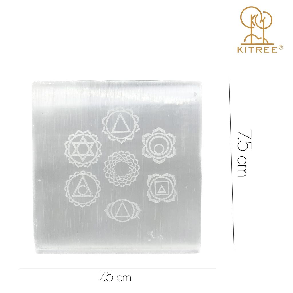 KITREE Natural Selenite Charging Engraved Symbol Squares Plate for Reiki Healing and Fengshui Crystal 7.5 x 7.5 Centimeters (Weight 95 GMS) (Shape Square) (Color White) (7 Chakras)
