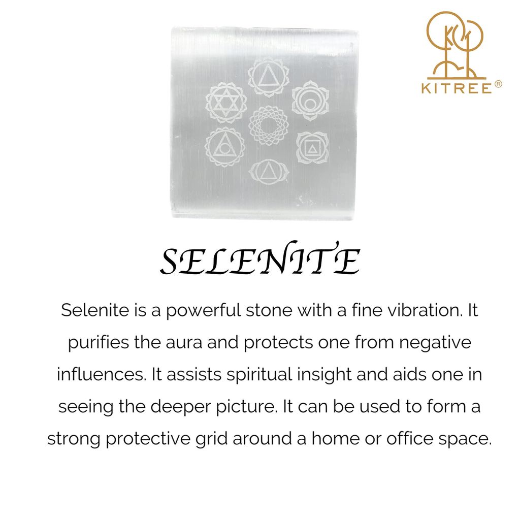 KITREE Natural Selenite Charging Engraved Symbol Squares Plate for Reiki Healing and Fengshui Crystal 7.5 x 7.5 Centimeters (Weight 95 GMS) (Shape Square) (Color White) (7 Chakras)