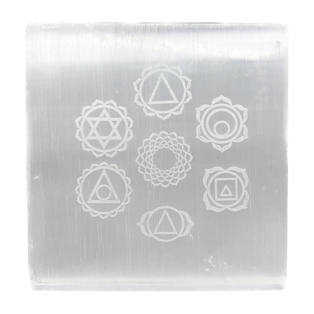 KITREE Natural Selenite Charging Engraved Symbol Squares Plate for Reiki Healing and Fengshui Crystal 7.5 x 7.5 Centimeters (Weight 95 GMS) (Shape Square) (Color White) (7 Chakras)