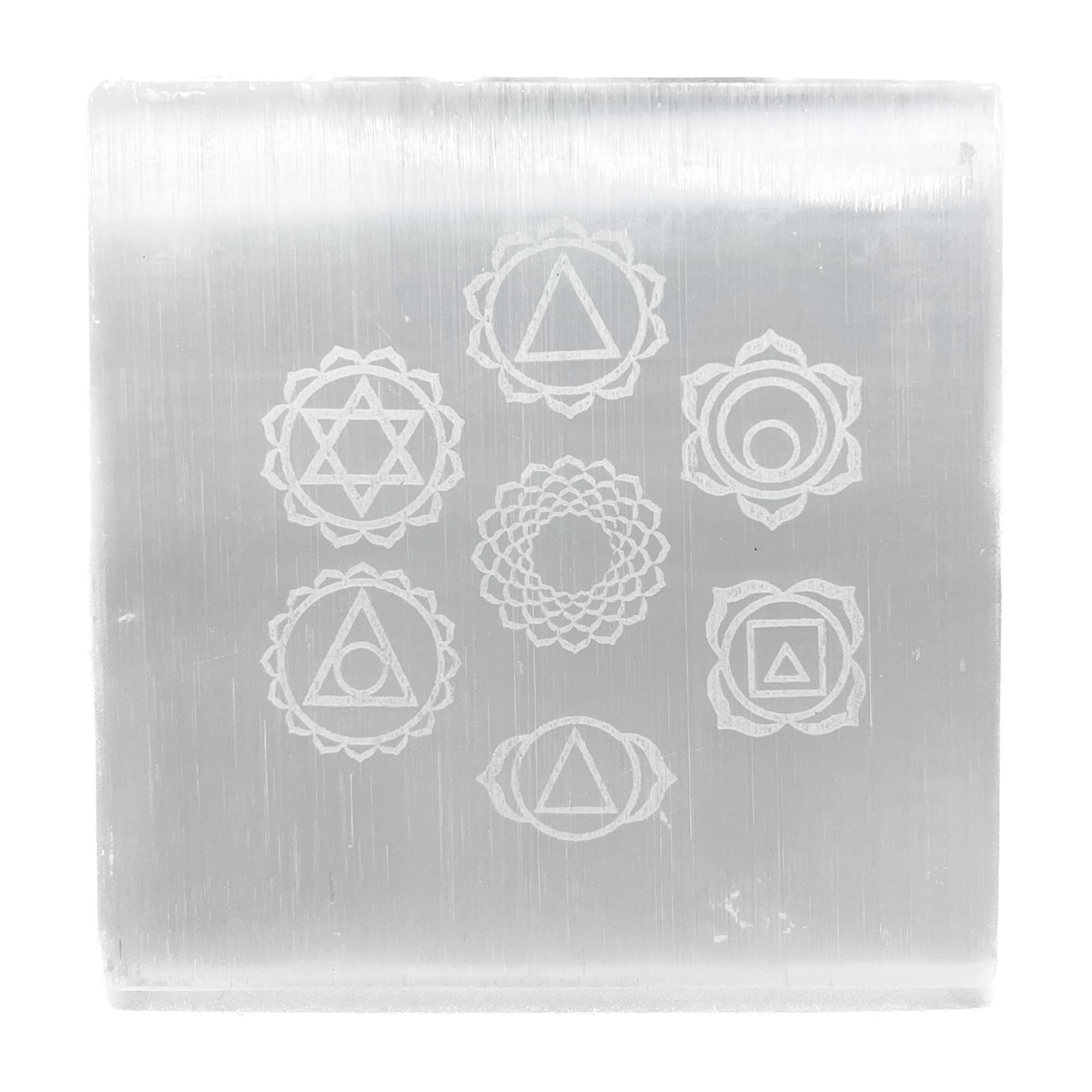 KITREE Natural Selenite Charging Engraved Symbol Squares Plate for Reiki Healing and Fengshui Crystal 7.5 x 7.5 Centimeters (Weight 95 GMS) (Shape Square) (Color White) (7 Chakras)