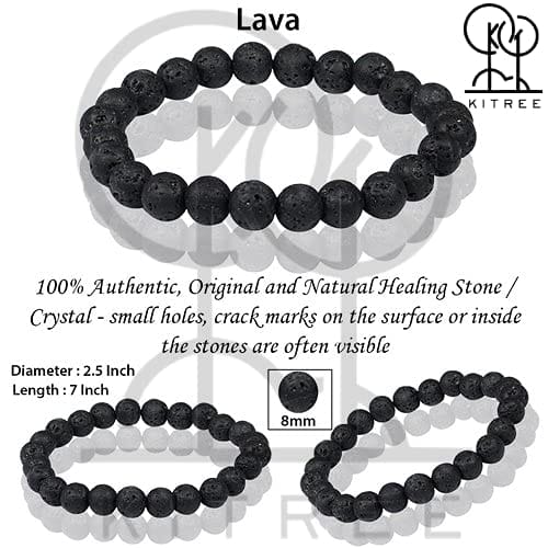 KITREE NATURAL LAVA STONE CRYSTAL BRACELET 8MM ROUND FOR UNISEX (COLOR BLACK)