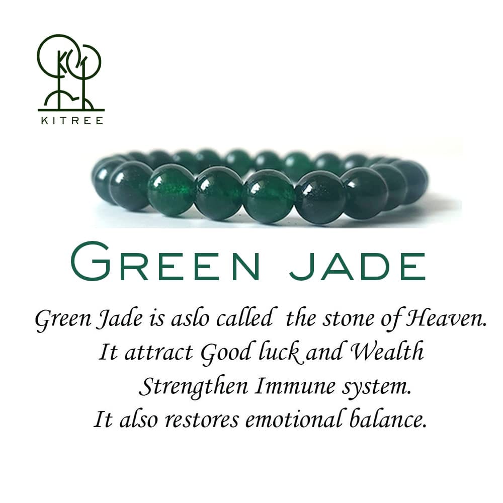 KITREE NATURAL GREEN JADE CRYSTAL REIKI HEALING FENG -SHUI BRACELET 8MM ROUND FOR MENS AND WOMEN (COLOR DARK GREEN)