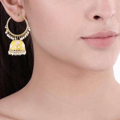 Traditional Yellow Meenakari Jhumki Earrings With Brass Baali. TER - 315