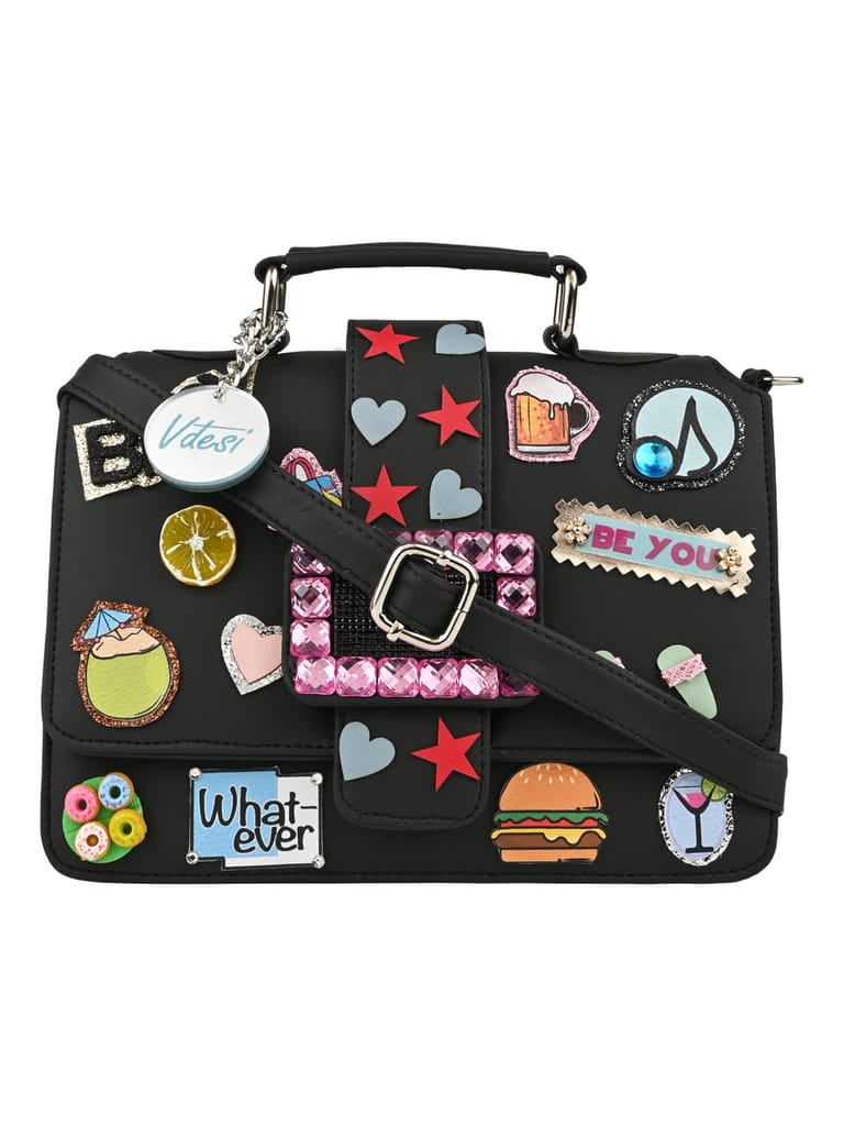 Black pop badges belt sling bag