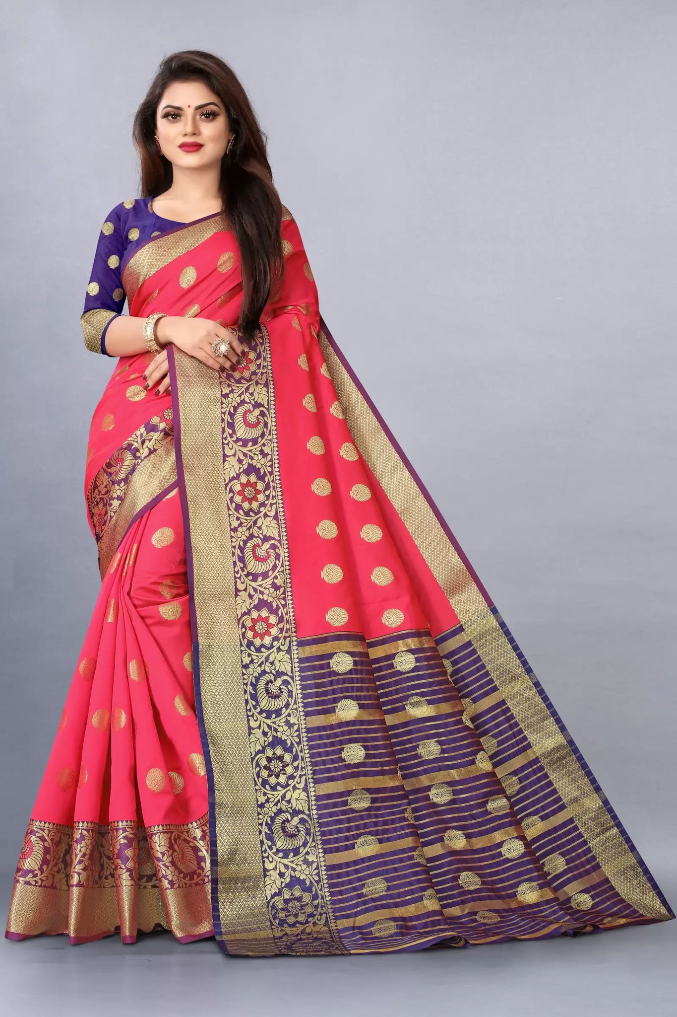 FLORANCE FAB  Floral Print, Woven Bollywood Cotton Silk, Jacquard Saree  (Tameto, Blue)