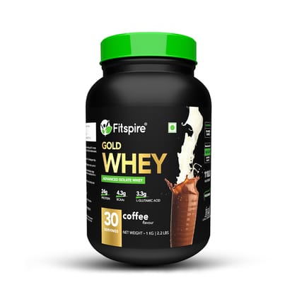 Fitspire Gold Standard 100% Whey Protein Isolate - 1 kg/2.2 lb | 33 gm Serving Size | 24 gm Protein | 4.3 gm BCAA | Gluten & cholesterol Free | Powder Supplement | Coffee - 30 Serving
