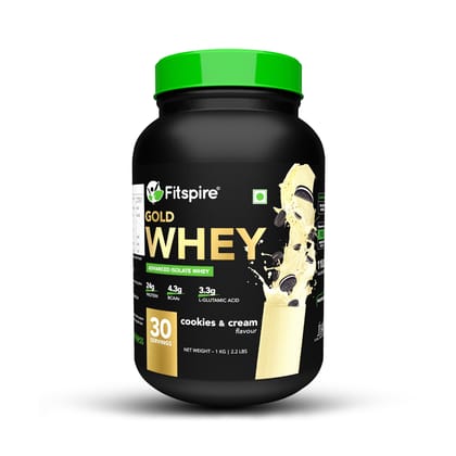 Fitspire Gold Standard 100% Whey Protein Isolate - 1 kg/2.2 lb | 33 gm Serving Size | 24 gm Protein | 4.3 gm BCAA | Gluten & cholesterol Free | Powder Supplement | Cookie & Cream - 30 Serving
