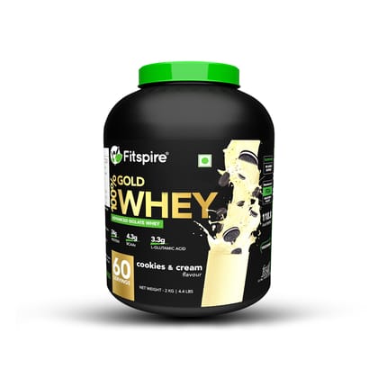 Fitspire 100% Gold Advanced Isolate Whey Protein - Cookie and Cream, 2 kg/4.4 lb | 33 gm Serving Size | 24 gm Protein | 4.3 gm BCAA | Gluten & cholesterol Free | Powder Supplement | - 60 Servings