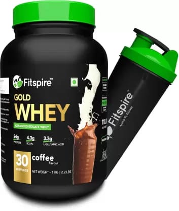 Fitspire 100% Gold Advanced Isolate Whey Protein - Coffee, 1kg / 2.2 lb, with 24gm Protein, 4.3gm BCAA, Low Carbs for Great Strength, Faster Recovery & Muscle Building (30 Servings with shaker)