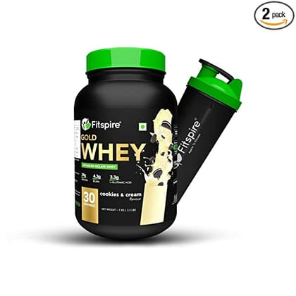 Fitspire 100% Gold Advanced Isolate Whey Protein - Cookie cream , 1kg / 2.2 lb, with 24gm Protein, 4.3gm BCAA, Low Carbs for Great Strength, Faster Recovery & Muscle Building (30 Servings with shaker)