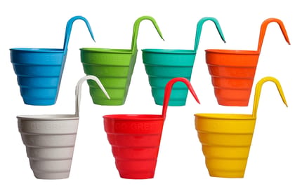 Dbeautify Single Hook Flower Pots, Multicolor Garden Planters Railing Pots Virgin Plastic Hanging Planters, Pack of 6