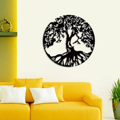 Dbeautify Tree Design Round Shape MDF Wooden Wall Art Hanging for Home Decoration in Black Color Size: 12 Inches