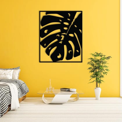 Dbeautify Leaf Design Square Shape MDF Wooden Modern Wall Art Hanging for Living Room Bedroom & Office Decoration in Black Color Size 12 Inches