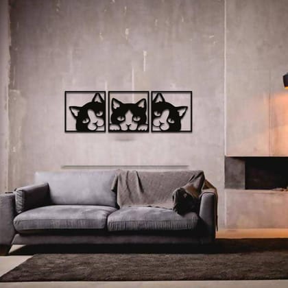 Dbeautify Beautiful Cat Face Design MDF Wooden Modern Wall Art Hanging for Living Room Bedroom Kids Room Decoration in Black Color Set of 3 Pieces Size 12 Inches