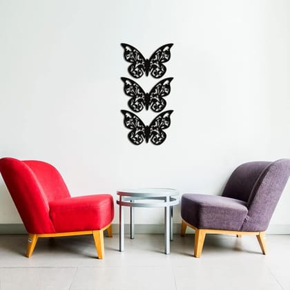 Dbeautify Beautiful Butterfly Design MDF Wooden Modern Wall Art Hanging for Children Bedroom Decoration in Black Color Size 12 Inches Set of 3 Pieces