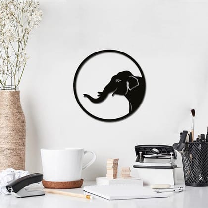Dbeautify Beautiful Elephant Round Shape Design MDF Wooden Modern Wall Art Hanging for Living Room Bedroom Decoration in Black Color Size 12 Inches