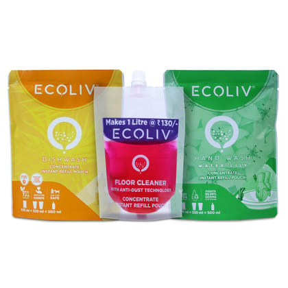 Ecoliv Home Care Hygiene Kit -  Refill Packs for Hand Wash Dishwash and Floor Cleaner