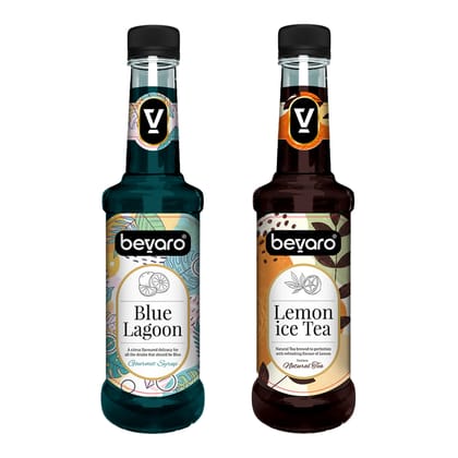 BEVARO Lemon Ice Tea Syrup and Blue Lagoon Syrup Combo, 300ml each Blue Lagoon + Lemon Ice Tea  (600 ml, Pack of 2)