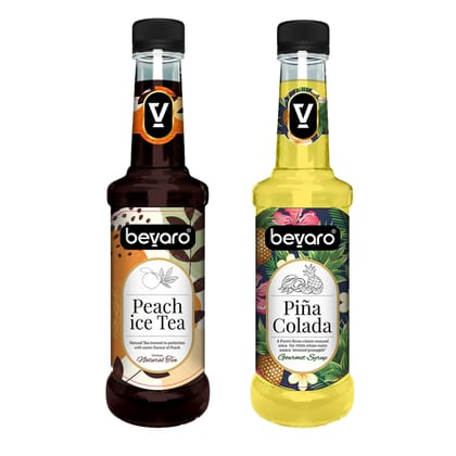 BEVARO Peach Ice Tea Syrup and Pina Colada Syrup Combo, 300ml each (600 ml, Pack of 2)