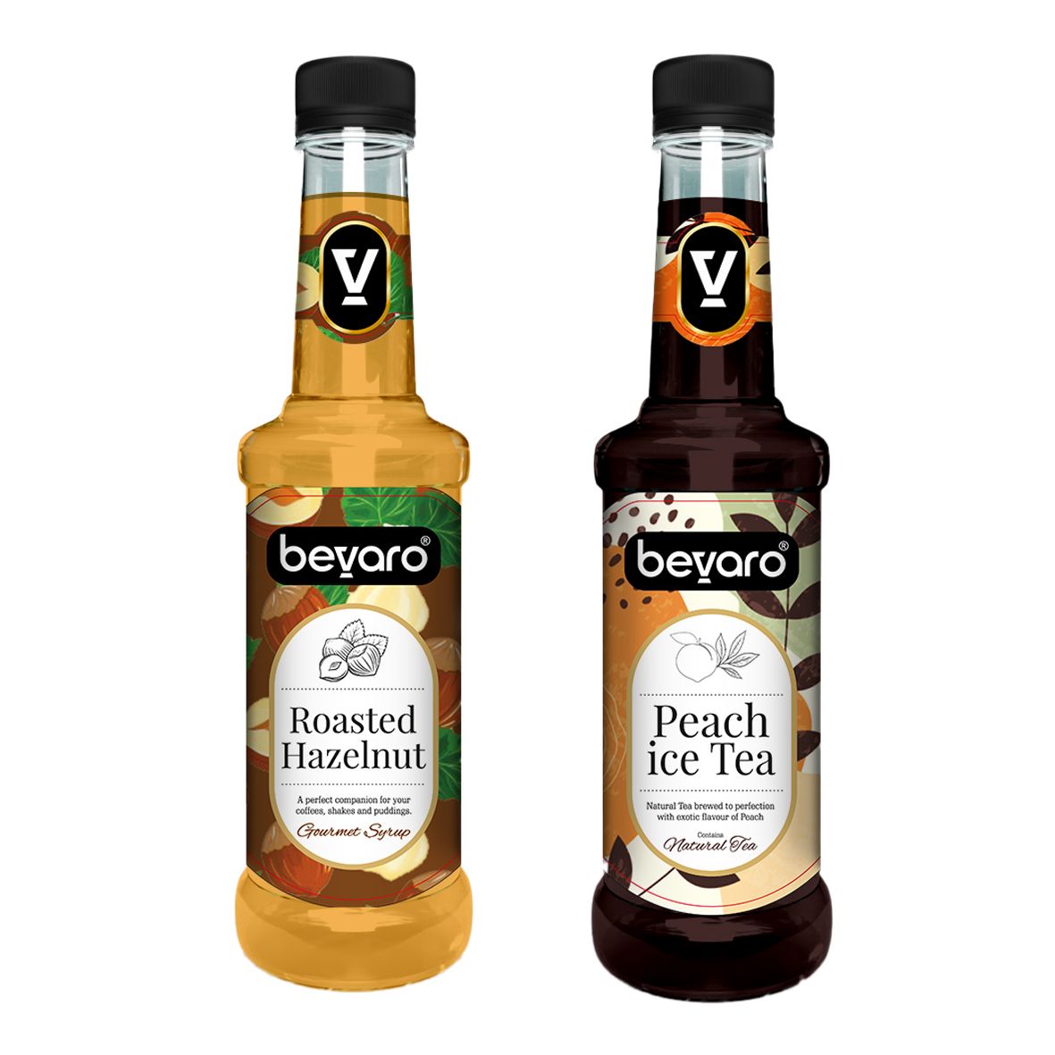 BEVARO Peach Ice Tea Syrup and Roasted Hazelnut Syrup Combo, 300ml each Roasted Hazelnut + Peach Ice Tea (600 ml, Pack of 2)