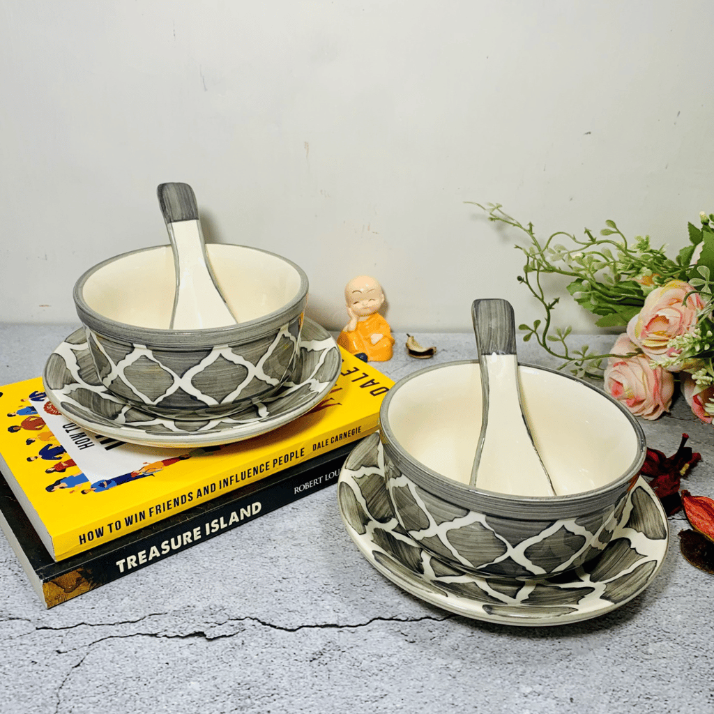 Homefrills Ceramic Glossy Finish Large Soup / Cereal Bowls with Saucer and Spoon Set of Two Glossy Finish Suitable for Soup,Cereal etc. (270ml) Set of 2 (Colour-Grey)