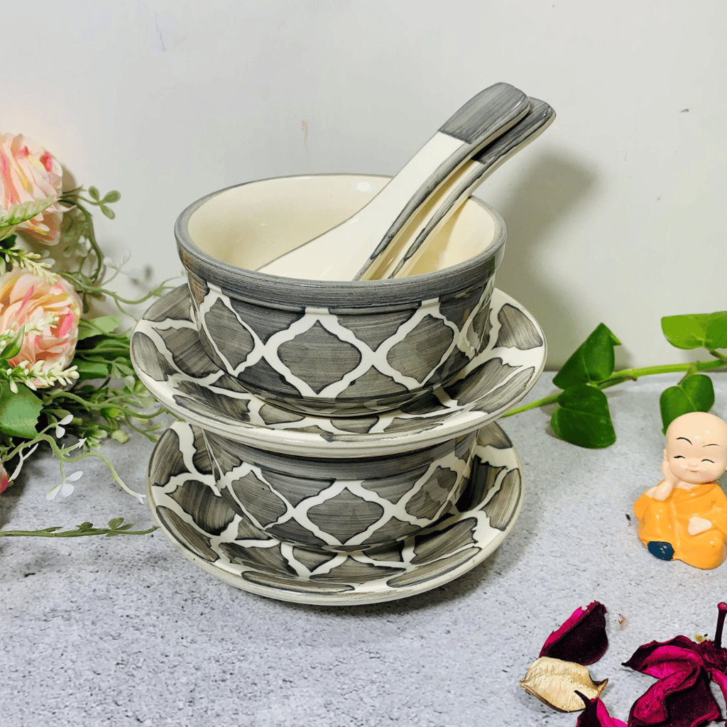 Homefrills Ceramic Glossy Finish Large Soup / Cereal Bowls with Saucer and Spoon Set of Two Glossy Finish Suitable for Soup,Cereal etc. (270ml) Set of 2 (Colour-Grey)