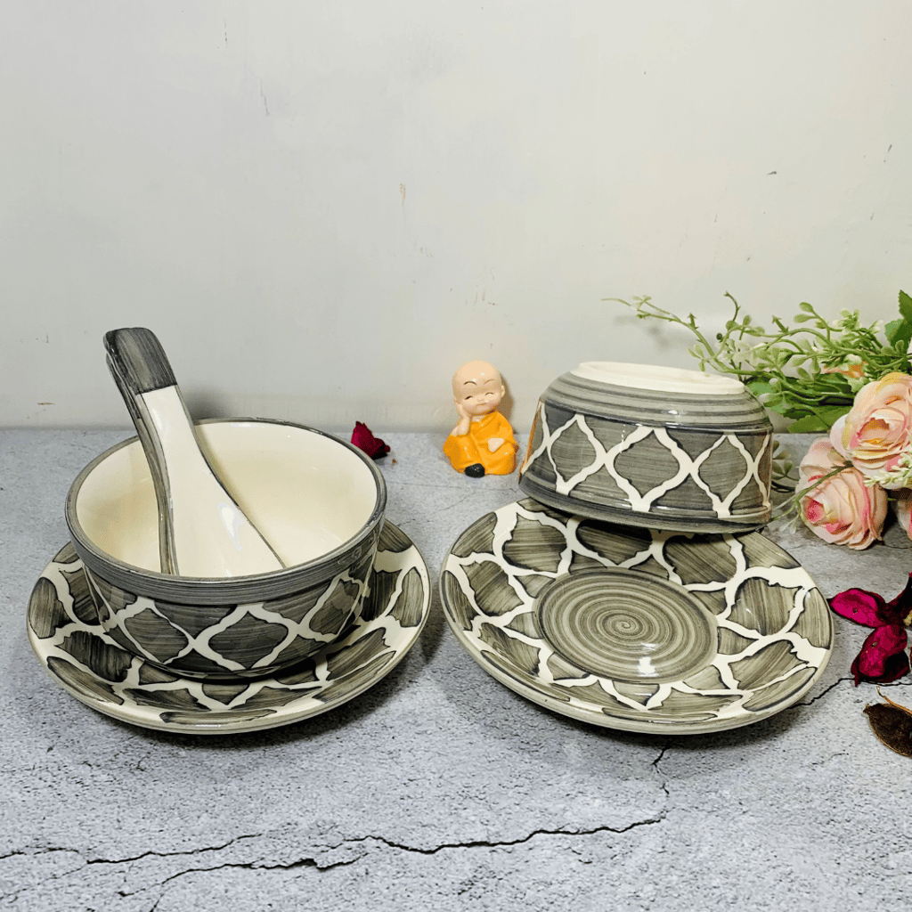 Homefrills Ceramic Glossy Finish Large Soup / Cereal Bowls with Saucer and Spoon Set of Two Glossy Finish Suitable for Soup,Cereal etc. (270ml) Set of 2 (Colour-Grey)