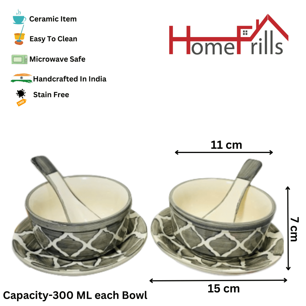 Homefrills Ceramic Glossy Finish Large Soup / Cereal Bowls with Saucer and Spoon Set of Two Glossy Finish Suitable for Soup,Cereal etc. (270ml) Set of 2 (Colour-Grey)