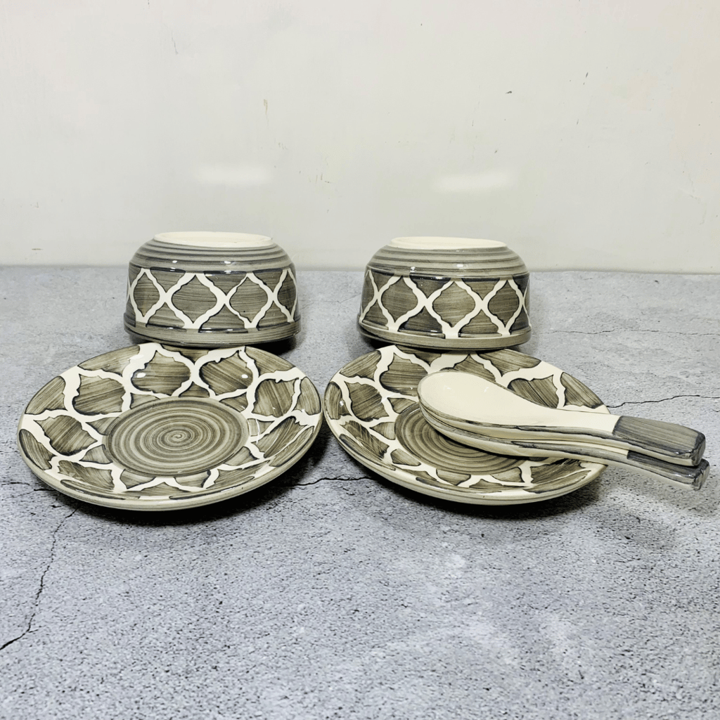 Homefrills Ceramic Glossy Finish Large Soup / Cereal Bowls with Saucer and Spoon Set of Two Glossy Finish Suitable for Soup,Cereal etc. (270ml) Set of 2 (Colour-Grey)