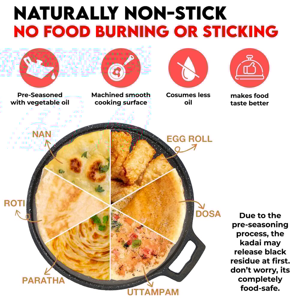 Platt CasIRON Super Smooth Pre-Seasoned Cast Iron Dosa Tawa 11 inch (28cm) with Single Sturdy Cast Iron Handle, Brown, LPG & Induction Friendly