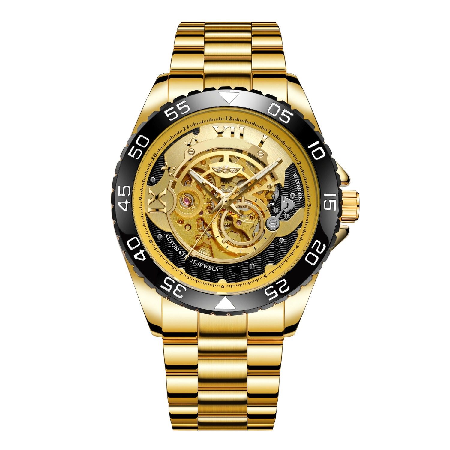 Forsining Golden Business Automatic Mechanical Luxurious Movement Analog Watch Automatized See Through Glass Back Self Winding Wrist Pulses Highlighted For Men